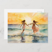女の子の水彩画歩くオンビーチ ポストカード (正面/裏面)