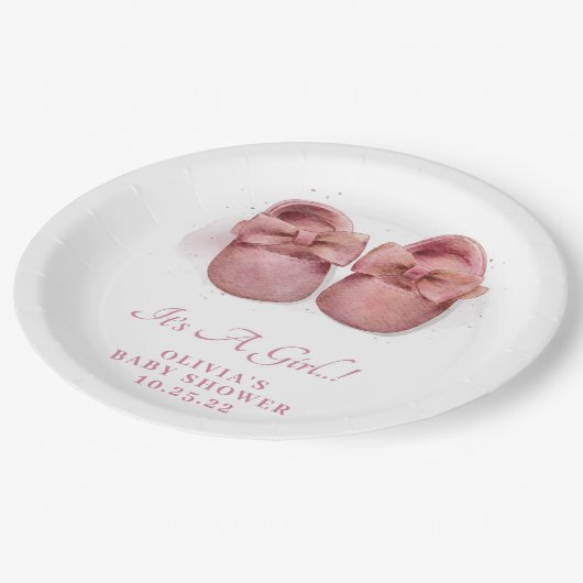 女の子の水色かわいいベビーシューズ赤ちゃんシャワー ペーパープレート (アングル)