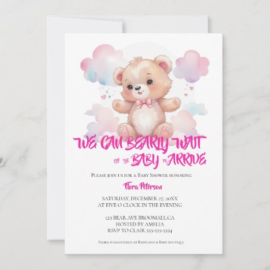 女の子の水色のウッドランドベビーのクマのシャワー 招待状 (正面)