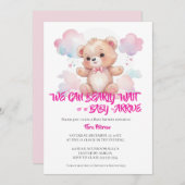 女の子の水色のウッドランドベビーのクマのシャワー 招待状 (正面/裏面)