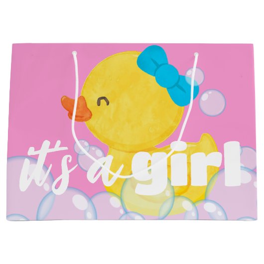 女の子の水色のゴムダッキー（アヒルちゃん） ラージペーパーバッグ (正面)