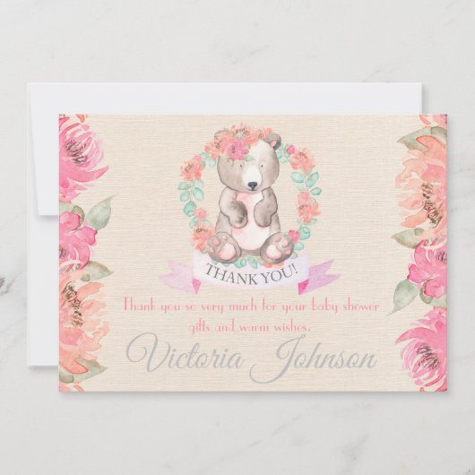 女の子の水色のフローラベビーベアベビーシャワー サンキューカード (正面)