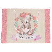 女の子の水色のフローラベビーベアベビーシャワー ラージペーパーバッグ (正面)