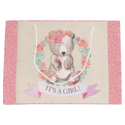 女の子の水色のフローラベビーベアベビーシャワー ラージペーパーバッグ (正面)