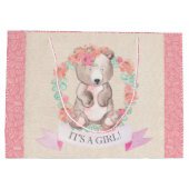 女の子の水色のフローラベビーベアベビーシャワー ラージペーパーバッグ (裏面)