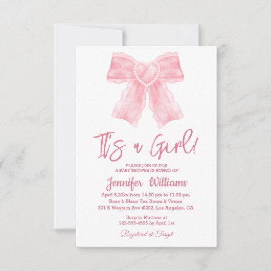 女の子の水色ピンクの弓ベビーシャワーだ 招待状 (正面)