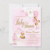 女の子の水色ピンクの金ゴールドテディベア赤ちゃんシャワー 招待状 (正面)