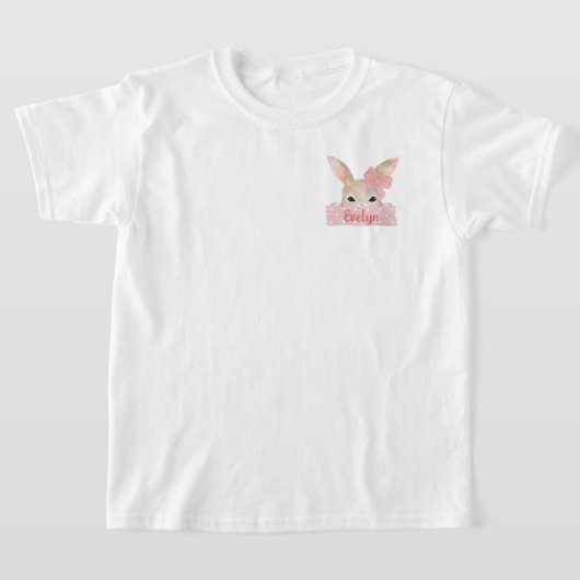 女の子の水色ポケットピンクのイースターバニー Tシャツ (レイダウン)