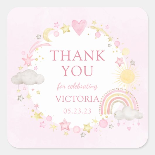 女の子の水色レインボーベビーシャワー スクエアシール (正面)