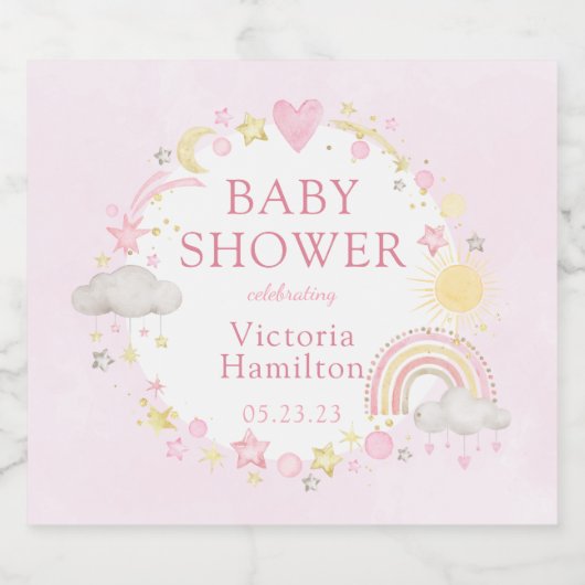 女の子の水色レインボーベビーシャワー スパークリングワインラベル (シングルラベル)