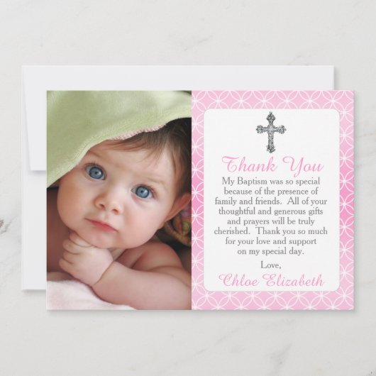女の子の永遠のリングの十字の写真の洗礼は感謝していしています サンキューカード (正面)