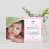 女の子の永遠のリングの十字の写真の洗礼は感謝していしています サンキューカード (スタンド正面)