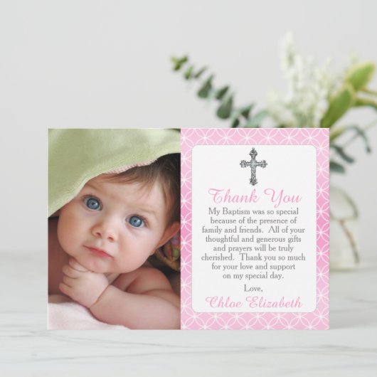 女の子の永遠のリングの十字の写真の洗礼は感謝していしています サンキューカード (スタンド正面)