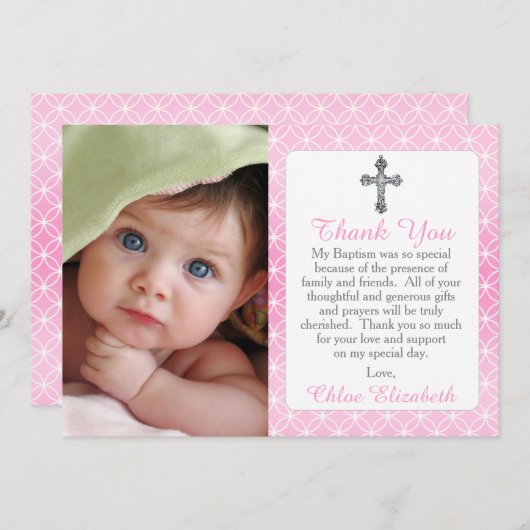女の子の永遠のリングの十字の写真の洗礼は感謝していしています サンキューカード (正面/裏面)