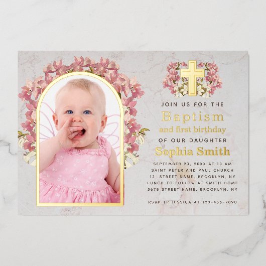 女の子の洗礼と1歳の誕生日写真 ピンクのランカスター ゴールド 箔招待状 (正面)