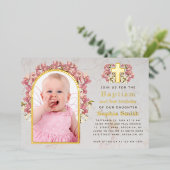 女の子の洗礼と1歳の誕生日写真 ピンクのランカスター ゴールド 箔招待状 (立ち正面)