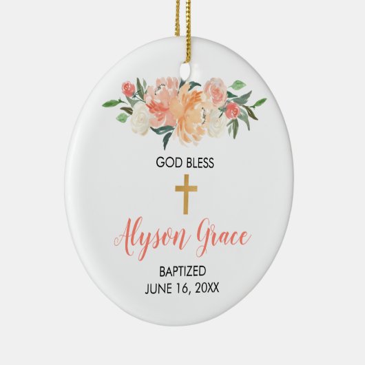 女の子の洗礼のモモの白い緑の草木の花柄の洗礼 セラミックオーナメント (右)
