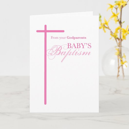 女の子の洗礼の代父母から、ピンクの十字 カード (黄色い花)