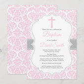 女の子の洗礼の招待状のピンクおよび灰色のダマスク織 招待状 (正面/裏面)