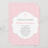 女の子の洗礼の招待 | トレンディーピンクダマスク 招待状 (正面/裏面)
