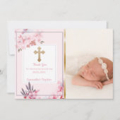 女の子の洗礼は|のカスタムな写真のピンクの花柄感謝していしています サンキューカード (正面)