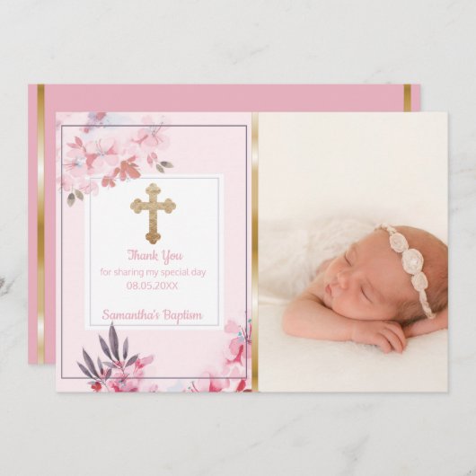 女の子の洗礼は|のカスタムな写真のピンクの花柄感謝していしています サンキューカード (正面/裏面)