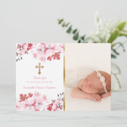 女の子の洗礼は|のカスタムな写真のピンクの花柄感謝していしています サンキューカード (スタンド正面)