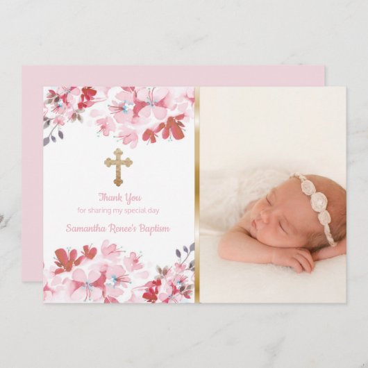 女の子の洗礼は|のカスタムな写真のピンクの花柄感謝していしています サンキューカード (正面/裏面)