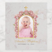 女の子の洗礼写真 花のアーチ ピンクのランカスター 大理石 ワインラベル (シングルラベル)