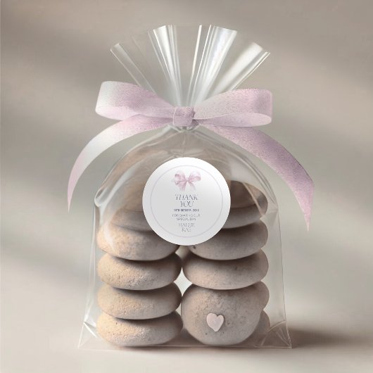 女の子の洗礼感謝ステッカー - ブラッシュピンクの蝶結び ラウンドシール