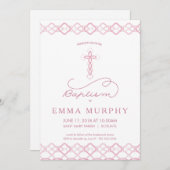 女の子の洗礼招待状 - おしゃれなピンクのクロス招待 招待状 (正面/裏面)