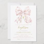 女の子の洗礼招待状、ピンクの蝶リボン 初領聖体 招待状 (正面)