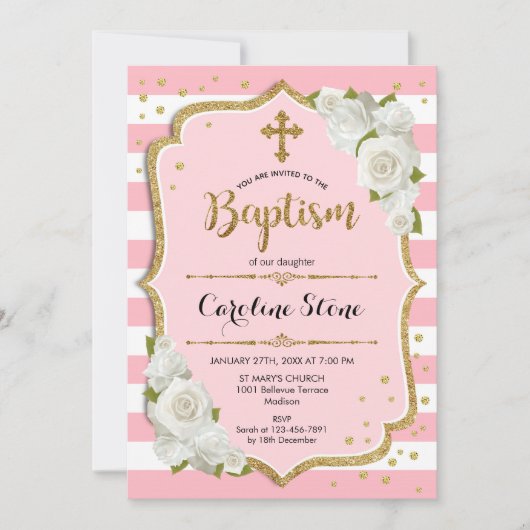 女の子の洗礼招待状 - ピンク ゴールド ホワイト 招待状 (正面)