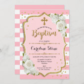 女の子の洗礼招待状 - ピンク ゴールド ホワイト 招待状 (正面/裏面)