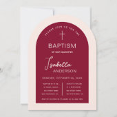 女の子の洗礼 アーチ バーガンディー ピンク モダン スクリプト 招待状 (正面)