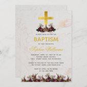 女の子の洗礼　ゴールドクロス　バーガンディーの芍薬　大理石 招待状 (正面/裏面)