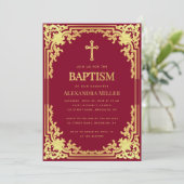 女の子の洗礼 バーガンディー 偽の金色 ヴィンテージ 宗教的 招待状 (スタンド正面)