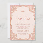 女の子の洗礼 ピンクのバラ ゴールド エレガント アンティーク 葉 招待状 (正面)