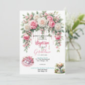 女の子の洗礼 ピンクの花  招待状 (スタンド正面)