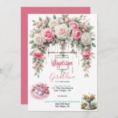 女の子の洗礼 ピンクの花  招待状 (正面/裏面)