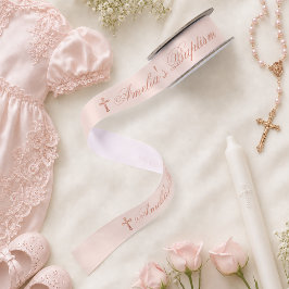女の子の洗礼 ピンク ローズゴールド 十字架とカリグラフィー サテンリボン