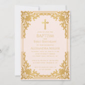 女の子の洗礼　ファーストバースデー ヴィンテージ ピンク 偽の金 招待状 (正面)