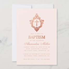 女の子の洗礼 ブラッシュピンク ローズゴールド クロスが付いたクラレスト 招待状
