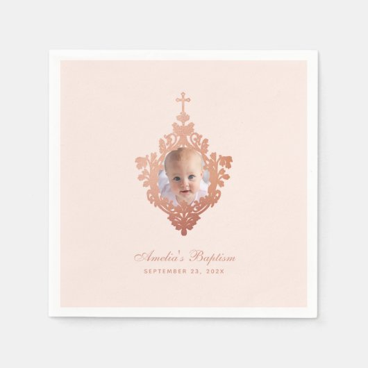 女の子の洗礼 ローズゴールド フォト ヴィンテージ エレガント ブラッシュ スタンダードカクテルナプキン (正面)