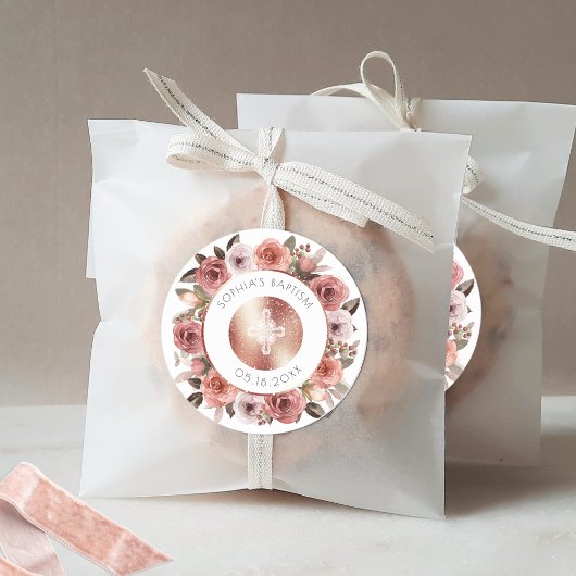女の子の洗礼、ローズゴールド フラワー封筒シール/ギフト ラウンドシール