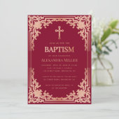 女の子の洗礼 深紅 ピンク ローズゴールド クロス ヴィンテージ 招待状 (スタンド正面)