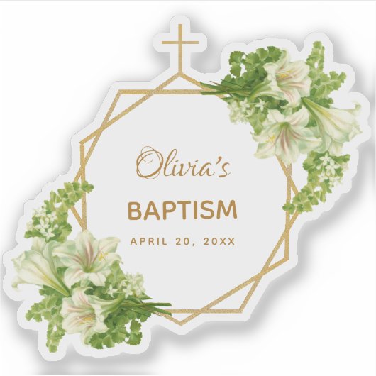 女の子の洗礼 花のゴールド ホワイト ユリ 幾何学模様 シール (正面)