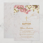 女の子の洗礼 花 ピンクのラン オーキッド ゴールドの十字架 大理石 招待状 (正面/裏面)
