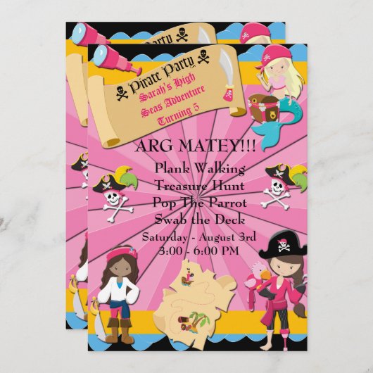 女の子の海賊冒険の誕生会の招待 招待状 (正面/裏面)