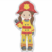 女の子の消防士、女性の消防士、茶色の髪 シール (正面)